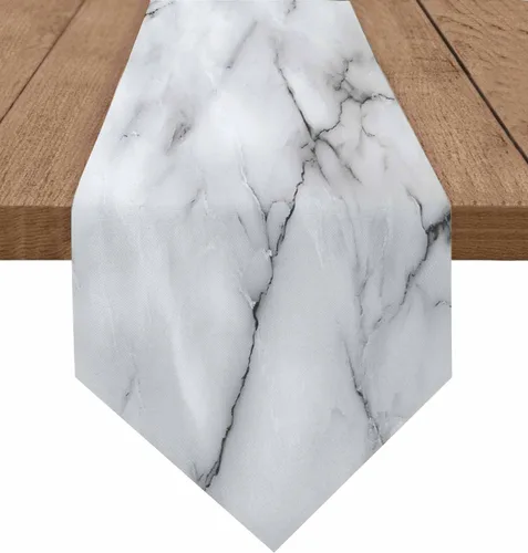 Camino de mesa de lino y mármol, 36 pulgadas de largo, textura de piedra blanca y gris, camino de mesa de arpillera lavable, grietas naturales,