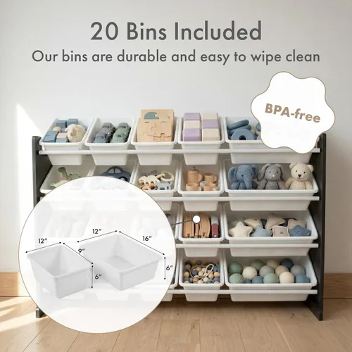 Miniatura 3 de Humble Crew Organizador de juguetes extra grande con 20 contenedores de plástico – Estantería de almacenamiento blanco/espresso con estantes de 4