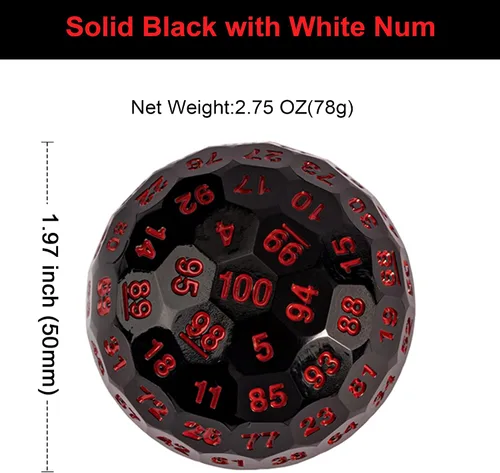 Miniatura 3 de Dados poliédricos mejorados de 100 caras (D100), 1.969 in, fuente negra/roja, dado único, dados de juego D&D, lata de almacenamiento de metal