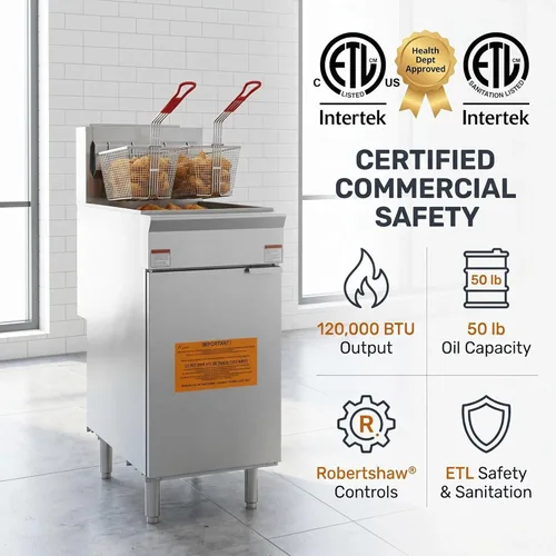 Miniatura 6 de Freidora de gas natural comercial de alta resistencia, freidora de gas de acero inoxidable de 4 quemadores de 120,000 BTU, capacidad de 50 libras
