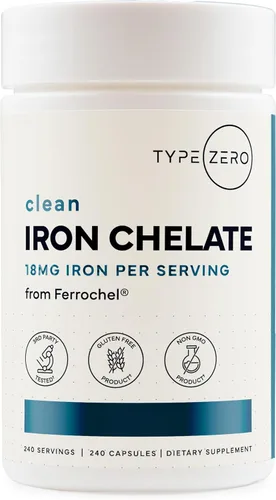 Type Zero Cápsulas de quelato de hierro (18 mg, 240 cápsulas) de quelato de bisglicinato ferroso Ferrochel, sin OMG y sin gluten