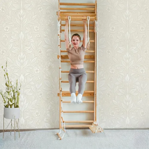 Miniatura 7 de Avenlur Betula Escalera Sueca de Pared para Gimnasio - Conjunto de Juegos Interior con Columpio, Escalera de Cuerda, Barra de Dominadas y Tobogán