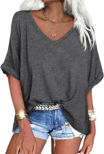 Miniatura 13 de UNCLECAT Camisetas de gran tamaño con cuello en V para mujer, camisas de manga corta de verano, holgadas, casuales