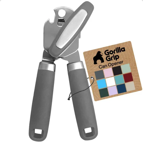 GORILLA GRIP Abrelatas manual de acero inoxidable resistente con borde liso y abrebotellas, mango suave y cómodo, perilla giratoria de mano de gran