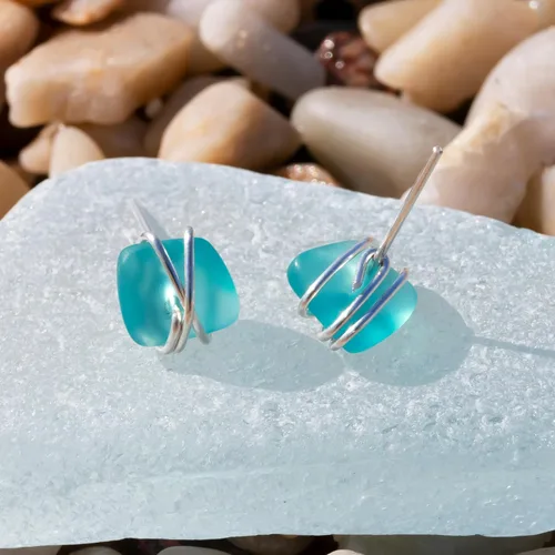 Miniatura 3 de Aretes de Cristal de Mar S990 Plata Esterlina Hipoalergénicos Hechos a Mano con Poste Aretes de Cristal de Playa Joyería Artesanal de Declaración