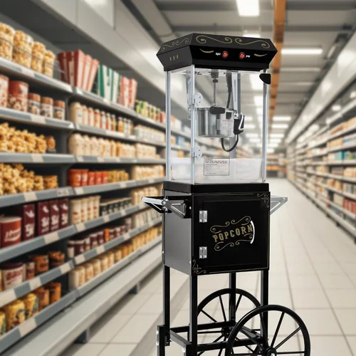Miniatura 5 de Máquina de palomitas de maíz con carrito, con ruedas y cuchara de aceite de acero inoxidable de 6 onzas, carrito móvil con taquillas para cine