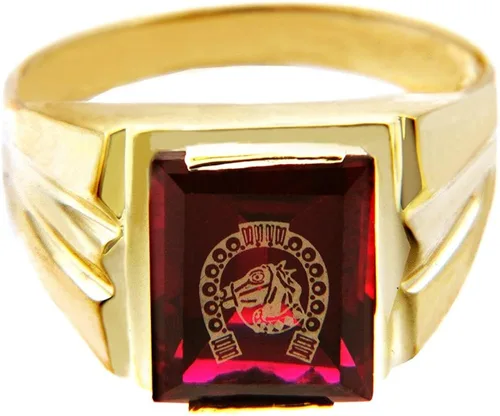 Miniatura 2 de Herradura de piedra CZ de granate rojo de oro amarillo de 10 quilates con anillo de cabeza de caballo