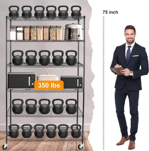 Miniatura 4 de YNN Estantes de almacenamiento, 2100 libras, estantería de metal resistente de 6 niveles con ruedas y 8 ganchos, estante de alambre ajustable
