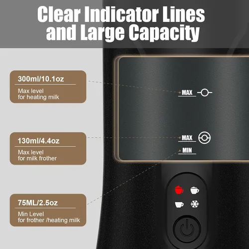 Miniatura 5 de Espumador de leche, espumador de leche 4 en 1 y vaporizador, máquina automática de espuma fría y caliente de 10.1 onzas líquidas, espumador de leche