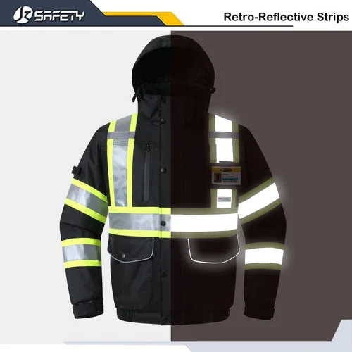 Miniatura 3 de JKSafety Chaqueta bomber de invierno reflectante 3M impermeable de alta visibilidad con 10 bolsillos, color negro, bolsillo seguro para tableta