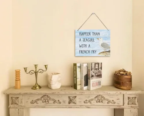 Miniatura 2 de Letrero Decorativo "Happier Than a Seagull with a French Fry", Placa de Pared Colgante Impresa, Letreros de Madera, Regalo de Decoración del Hogar