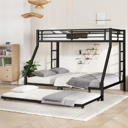 Miniatura 11 de Litera de metal con cama nido, marco de litera individual sobre matrimonial con 2 escaleras laterales y patas más gruesas, color negro
