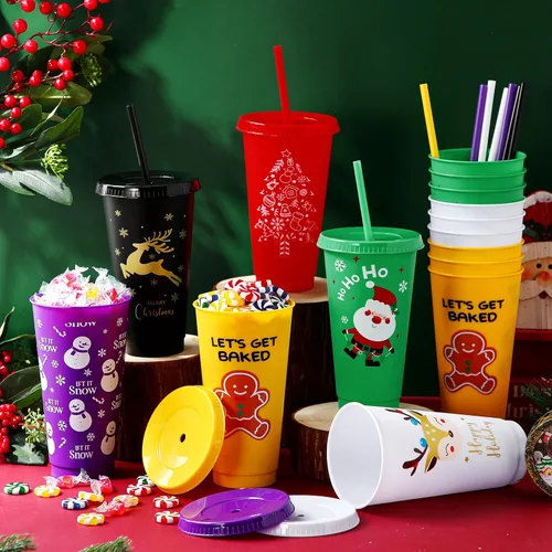 Miniatura 3 de Umigy 24 piezas de tazas de Navidad, tazas de plástico para fiesta de Navidad, 24 oz de tazas reutilizables con tapas y popotes en diferentes temas