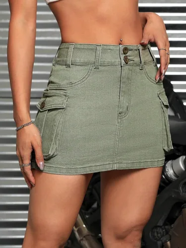 Miniatura 3 de WDIRARA Minifalda de mezclilla tipo cargo con botones y cintura baja para mujer con bolsillo