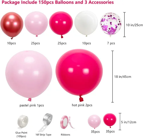 Miniatura 2 de Kit de arco de globos rosados, 150 globos de confeti rosa intenso y blanco para feliz cumpleaños, San Valentín, madre, niña, baby shower, decoración