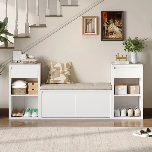 Miniatura 10 de SOFTSEA Banco de Almacenamiento Tapizado, Otomana de Almacenamiento con Cesta Removible y 2 Cajones, Banco de Zapatos de Estilo Granja con Cojín
