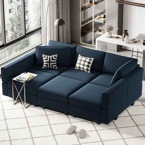 Belffin - Sofá cama modular con otomanas, de terciopelo, reversible y con asiento con almacenamiento, color azul