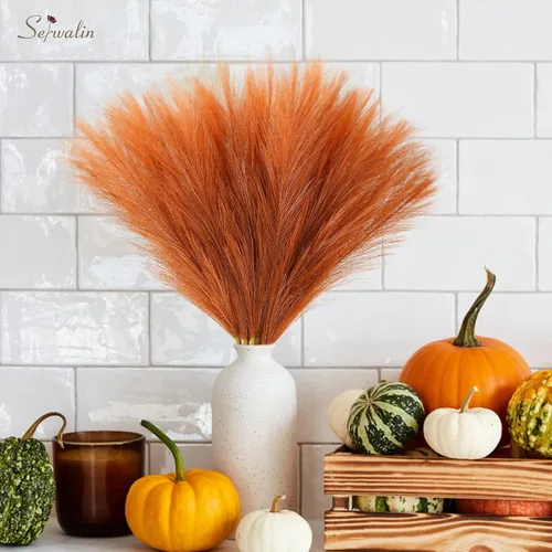 Miniatura 7 de Serwalin Decoración de Hierba de Pampas de 17.7 Pulgadas 6 Piezas Hierba de Pampas Naranja, Hierba de Pampas Falsa Naranja Quemado Decoración Boho