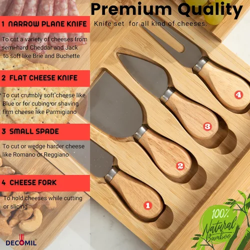 Miniatura 4 de DECOMIL - Juego de tabla de queso y cuchillos de bambú, juego de charcutería, tabla de queso y cubiertos, tabla de cortar queso, % 100% bambú