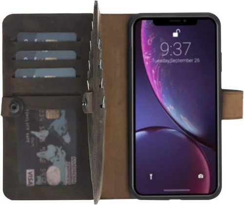 Miniatura 65 de HARDISTON Funda de piel auténtica de alta calidad hecha a mano para iPhone 11 Pro de 5.8 pulgadas, tarjeteros de doble folio, funda magnética Negro