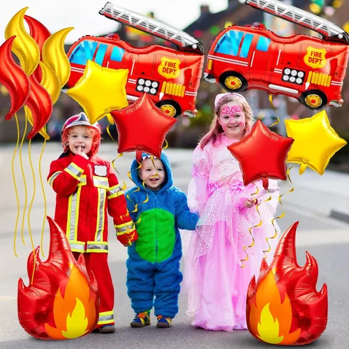 Miniatura 6 de Juego de 18 globos de camión de bomberos, decoraciones de fiesta de cumpleaños de bomberos con camión de bomberos, globos de estrella de llama