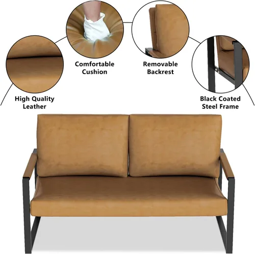 Miniatura 6 de Lamerge Sofá biplaza, sofá moderno de cuero de 2 plazas, sofá de mediados de siglo tapizado, sillón decorativo para sala de estar con marco