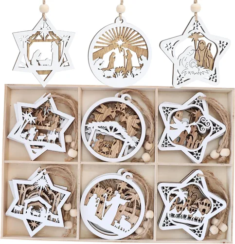 Juego de 18 piezas de adornos de belén para árbol de Navidad, adorno de escena de natividad de madera, regalo religioso para decoración navideña de