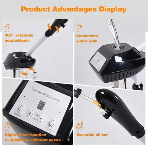 Miniatura 2 de Vaporizador Facial Profesional sobre Ruedas con Configuración de Tiempo, Vaporizador para Esteticistas con Más Vapor para Limpieza Profunda e