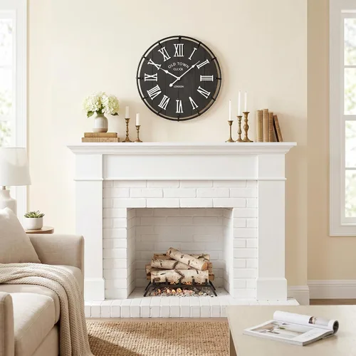 Miniatura 7 de EMAX HOME Reloj de pared grande de granja de 20 pulgadas, cara de grano de madera envejecida negra rústica con números romanos blancos, movimiento