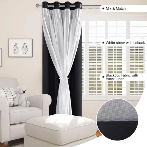 Miniatura 2 de XWZO Cortinas 100% opacas de doble capa para guardería, cortinas opacas con superposición transparente para dormitorio de niñas, cortinas