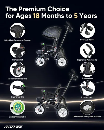 Miniatura 7 de RIDYEE 7-en-1 Triciclo plegable para niños pequeños de 18 meses a 5 años, cochecito triciclo con frenos duales, neumático de goma todo terreno