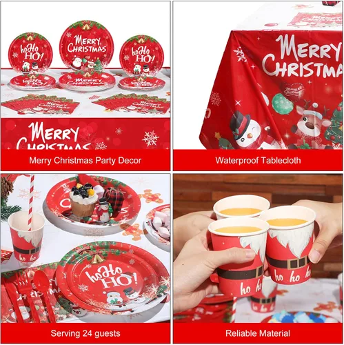 Miniatura 4 de 194 piezas de juego de vajilla para fiesta de Navidad con temática linda de Santa y muñeco de nieve, suministros para fiesta de Navidad, mantel