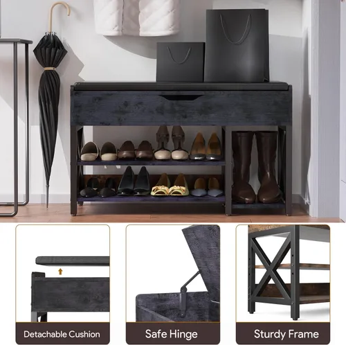 Miniatura 5 de Shoe Bench, Lift Top Shoe Storage Bench, Adjustable Shelf Entryway Bench with Padded Cushion for Entry, Closet, Living Room, Hallway, 2-Tier Shoe