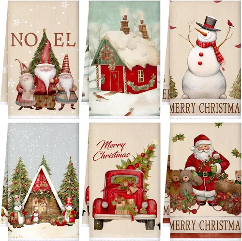 Miniatura 12 de Sratte 6 piezas de toallas de cocina navideñas, toallas de mano de muñecos de nieve de invierno, toallas absorbentes de árbol de Navidad y renos