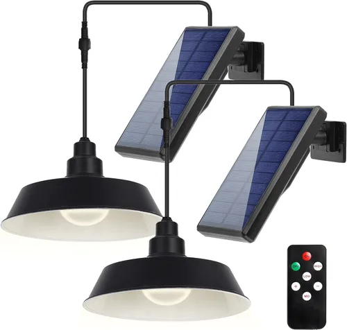 Luces colgantes LED solares con control remoto (paquete de 2), panel solar ajustable y cable de 16.4 pies, impermeable IP65 para uso en exteriores e