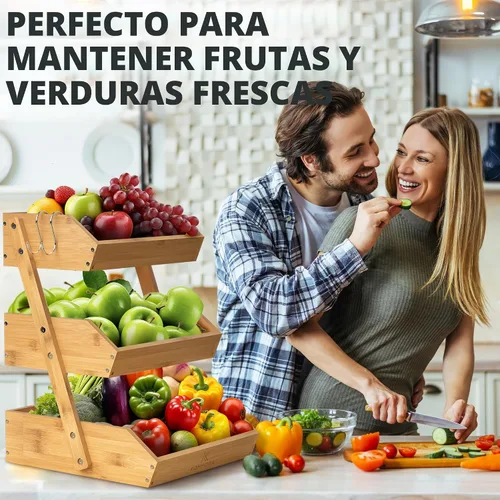 Miniatura 2 de KOMFORA Cesta de frutas de bambú de 3 niveles – Cesta de productos premium para cocina con 2 ganchos – Soporte duradero y fácil de montar