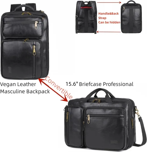 Miniatura 2 de Mochila de cuero vegano para laptop, maletín híbrido, mochila de viaje para laptop de 15.6 pulgadas, mochila de senderismo, mochila universitaria