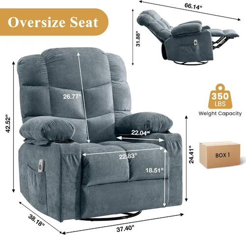 MAHOMICO Swivel Rocker Recliner Chair with Vibration Massage and Heat for Living Room,with Rocking Function and Side Pocket, USB Charge Port,2 Cup