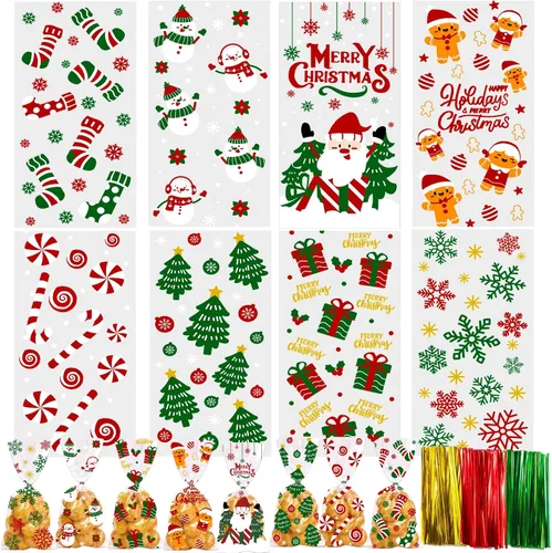 YUJUN 160 bolsas de celofán de Navidad, bolsas de celofán de Papá Noel, bolsas transparentes para violonchelo, lazos para invierno, Navidad,