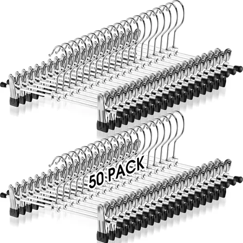 Weysat Paquete de 50 perchas para pantalones con clips ajustables de metal para pantalones y faldas a granel para ahorrar espacio, resistentes para