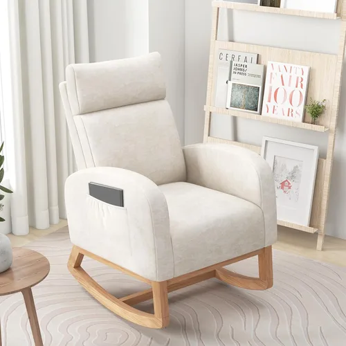 Miniatura 8 de Giantex Mecedora para guardería, silla mecedora tapizada de felpilla con bolsillo lateral, marco de madera de goma natural, respaldo alto, sillón