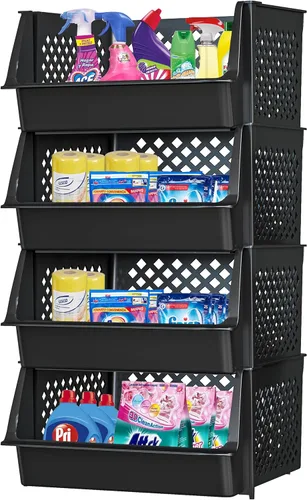 TidyFriend - Paquete de 4 cubos de almacenamiento apilables grandes con frente abierto para organizadores y almacenamiento de despensa, Negro