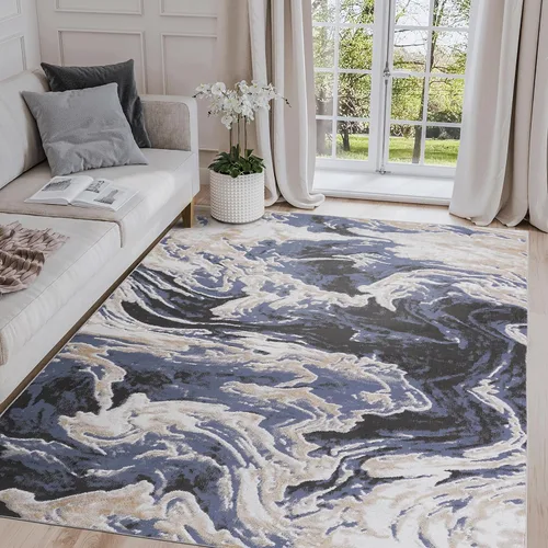 Miniatura 10 de NAAR PAYAS Collection - Alfombra de área de 6 x 9 pies, diseño de medallón crema y azul, no se desprende, resistente a las manchas, para sala