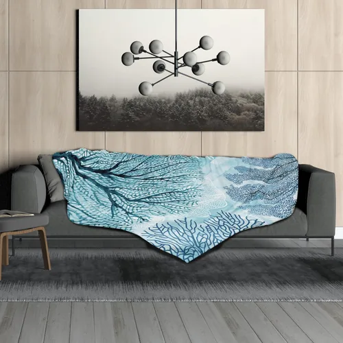 Miniatura 4 de Manta náutica costera, acuarela, verde azulado, azul, coral, manta de franela suave con temática oceánica, manta decorativa ligera para sofá