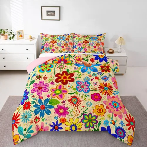 Miniatura 19 de Ropa de cama Groovy para niños, tamaño individual, edredón de flores psicodélicas retro de los años 70, estilo bohemio, exótico, hippie