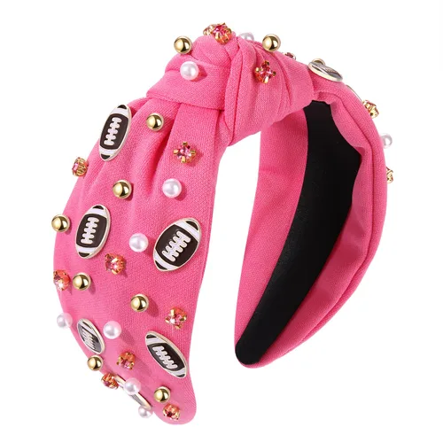 Miniatura 11 de Diadema de fútbol para mamá, accesorios de perlas con diamantes de imitación anudados, banda ancha para el pelo negra, diadema de nudo superior