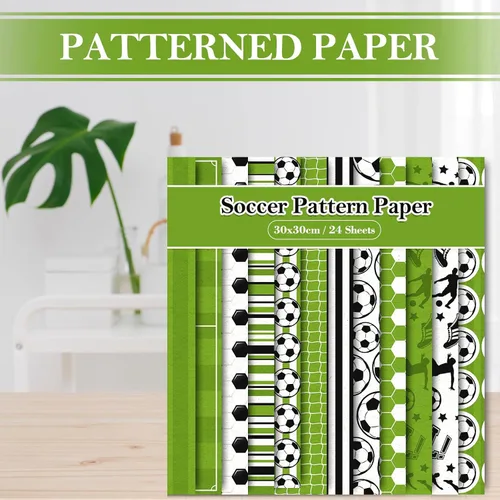 Miniatura 4 de Whaline Papel de 24 hojas de papel con patrón de fútbol, pelota de fútbol, campo de recortes, papel de doble cara para manualidades, papel