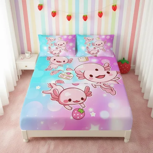 Miniatura 7 de QOOMO Ropa de cama Kawaii Axolotl para niños y niñas, diseño de flor de cerezo rosa, juego de ropa de cama súper suave para niños, con estrellas
