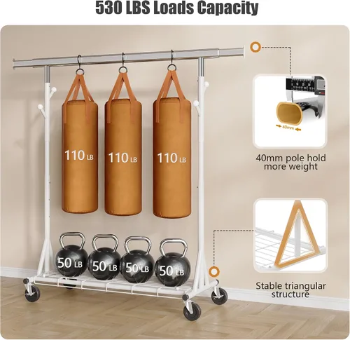 Miniatura 20 de Gewudraw Estante de ropa resistente con carga de 900 libras, estante comercial de doble barra con ruedas y estantes resistentes, estante colgante