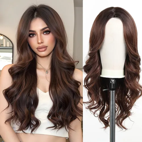 Miniatura 10 de Esmee Pelucas largas de color castaño rojizo ombré para mujer, peluca de cabello sintético ondulado y rizado natural para uso diario, fiestas